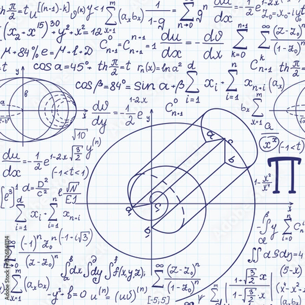 Fototapeta Math vector seamless pattern with handwritten mathematical and physics figures, formulas and equations, white copybook paper