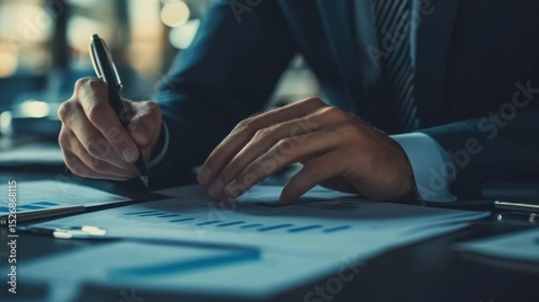 Fototapeta A close-up of an investment banker working on a merger and acquisition deal.