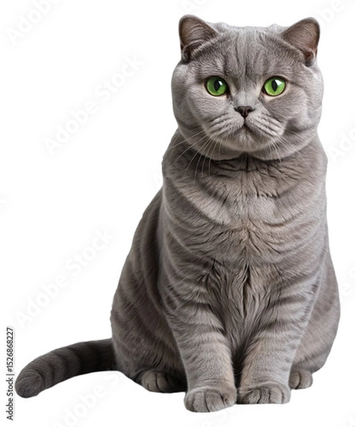 Obraz A grey cat with green eyes is sitting on a transparent background