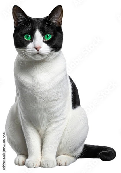 Obraz Black and white cat with green eyes sitting on a transparent background
