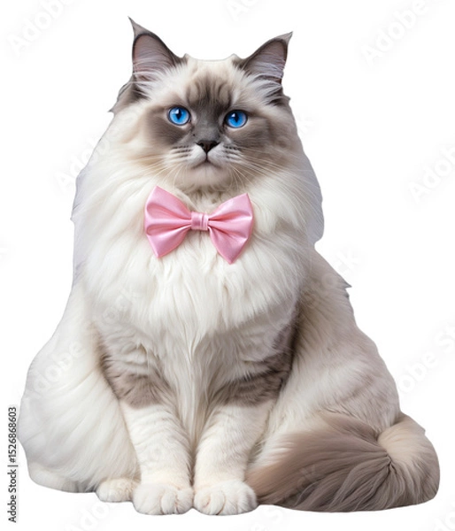 Obraz A white fluffy cat with blue eyes and pink bow tie is sitting  on a transparent background