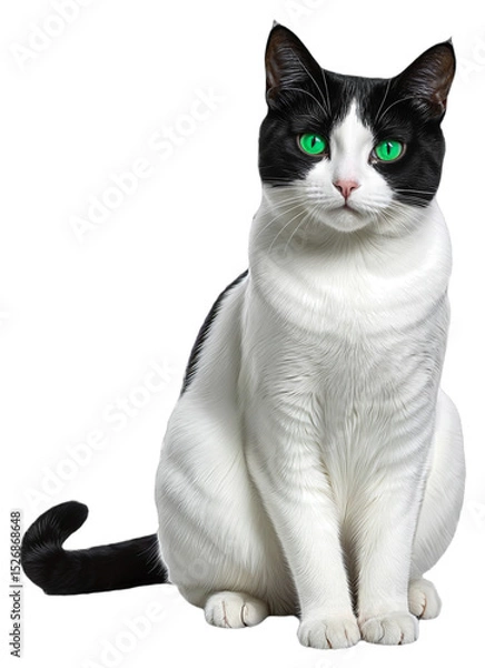 Obraz White and black cat with green eyes sitting on a transparent background