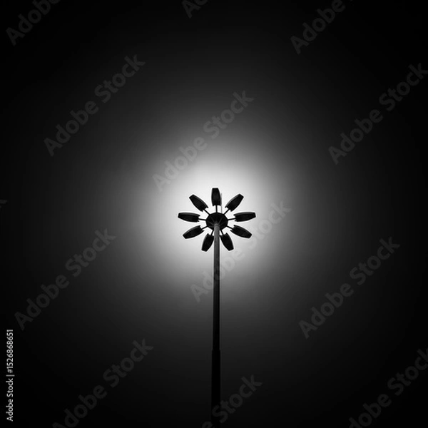 Fototapeta Black and white photo of a street lamp taken from below during daytime. The strong contrast highlights the silhouette of the lamp against a bright sky, emphasizing its architectural form and details.