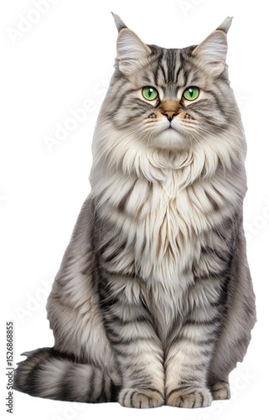 Obraz A gray fluffy tabby cat with green eyes sits on a transparent background