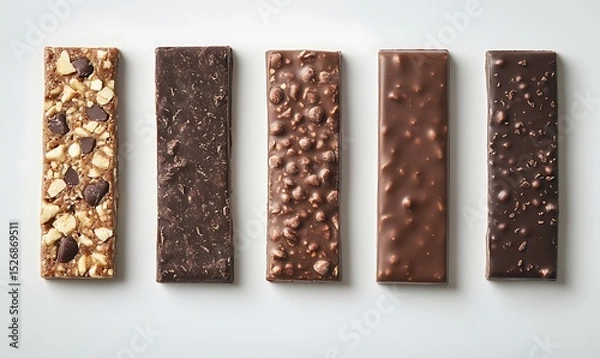 Fototapeta Delicious chocolate bar pieces arranged in row, showcasing various textures and flavors, including nuts and creamy layers, perfect for any chocolate lover