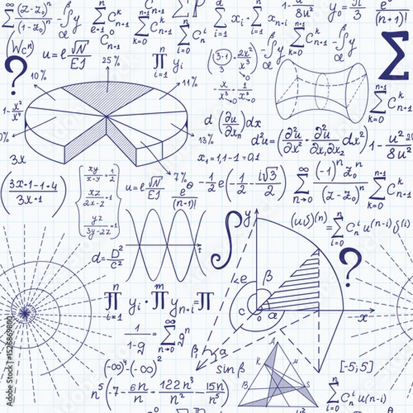 Fototapeta Math vector seamless pattern with handwritten scientific formulas, figures and calculations handwritten on copybook paper