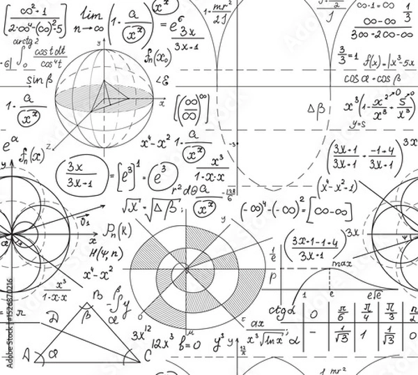 Fototapeta Mathematical vector seamless pattern with handwritten mathematical and physics formulas, equations and figures on  white copybook paper