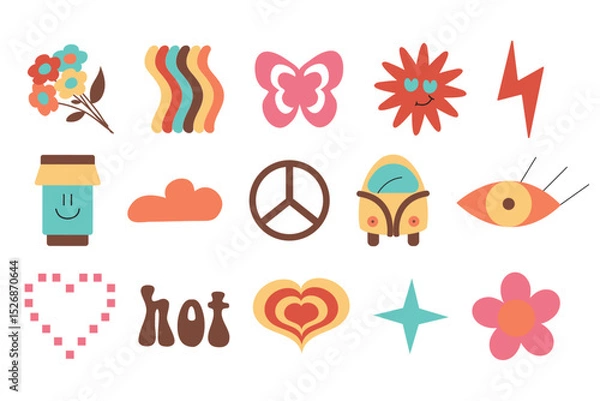 Fototapeta Stickers pack flowers, hearts, butterfly, clouds in retro style set on white background for stickers, wallpapers, greeting cards, icons, packaging, fabrics	
