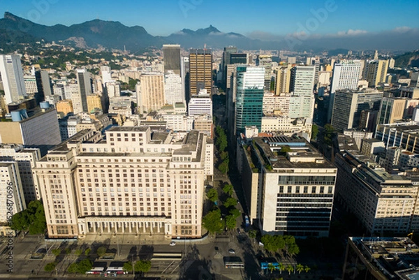 Fototapeta Aerial View of Ministry of Finance of Rio de Janeiro With City Skyline and Mountains in the Horizon