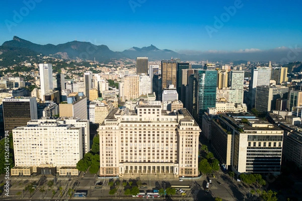 Fototapeta Aerial View of Ministry of Finance of Rio de Janeiro With City Skyline and Mountains in the Horizon