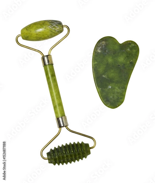 Fototapeta Face care set with gua sha and face roller isolated on white or transparent background