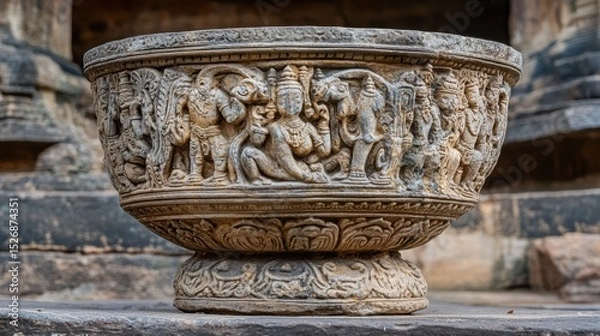 Fototapeta Ancient stone donation bowl with detailed carvings , temple, India, detailed carvings
