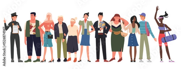 Obraz Crowd of people, diverse citizen group vector illustration. Cartoon man woman characters of different race, profession and body type, age and clothing standing in row together isolated on white