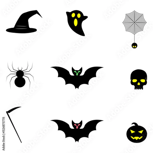 Fototapeta Halloween Icon Set – Witch Hat, Ghost, Bat, Spider, Pumpkin, Skull & Scythe Silhouettes | Spooky Vector Illustrations
