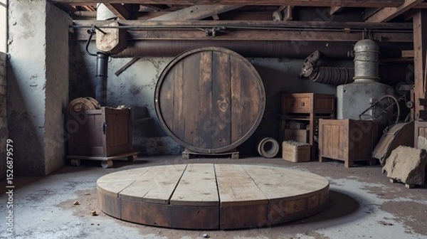 Obraz Rustic Interior with Round Platform and Barrel