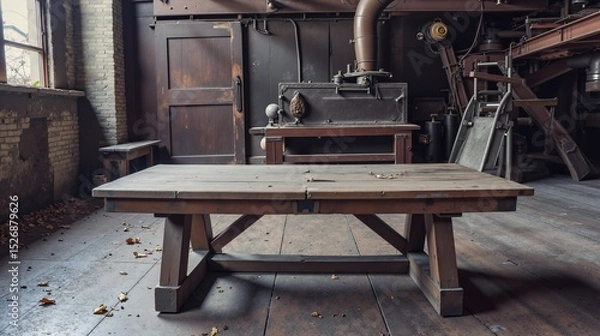 Obraz Rustic Wooden Table in Industrial Setting
