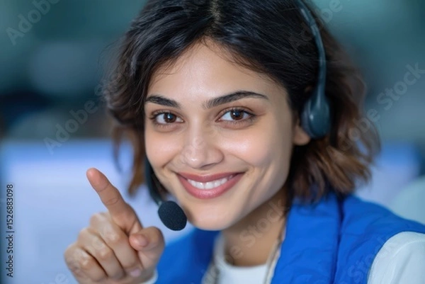 Fototapeta Smiling woman with headset points finger at camera. Customer service representative in call center helps customers.