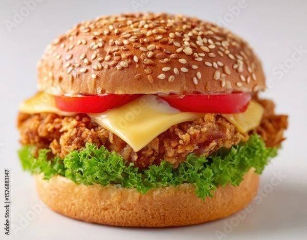 Fototapeta Crispy chicken burger with cheese, tomatoes, and lettuce on sesame bun. Fast food, junk food, takeaway, unhealthy eating, delicious indulgence.