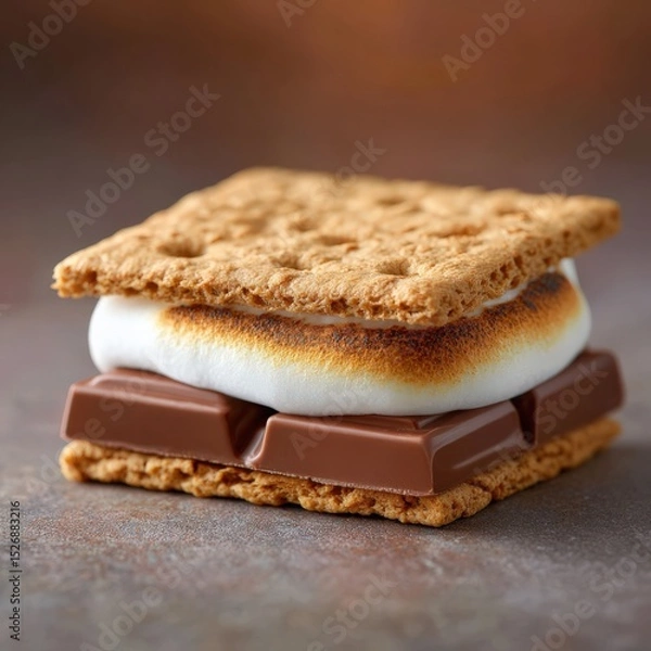 Fototapeta S'more is stacked and ready to eat. Sweet summer treat, campfire dessert, graham cracker snack, chocolate and marshmallow.
