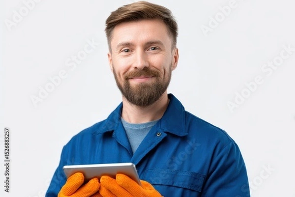 Fototapeta Worker smiles while holding tablet in work gloves. Technician in uniform using digital technology, service industry, maintenance professional