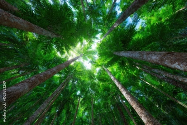 Fototapeta Looking up at a canopy of lush green palm trees towards the sky. Tropical forest, nature, trees, landscape, environment, sunlit, exotic, paradise, serenity, jungle.
