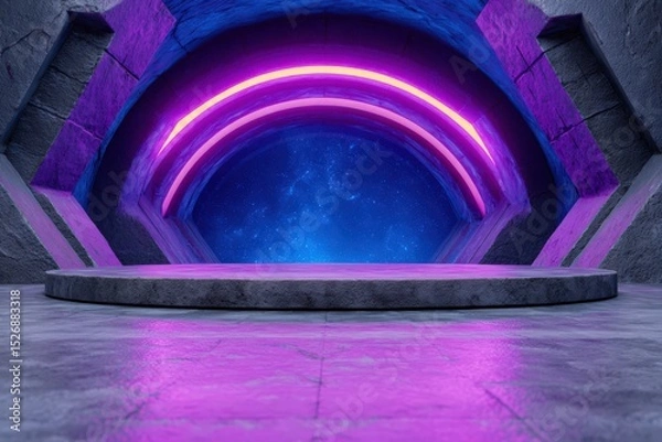 Fototapeta Space portal glows with neon colors in futuristic design. Modern architecture, technology, science fiction