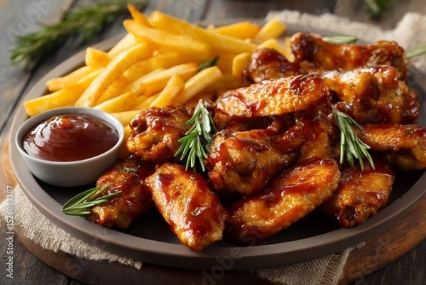 Obraz Crispy chicken wings with fries and rosemary garnish on rustic wooden table