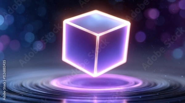 Fototapeta Glowing cube levitates above ripples of energy. Futuristic design, digital technology, abstract background, concept art