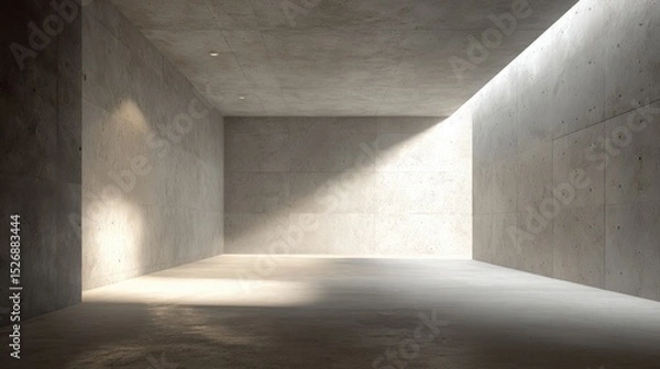 Fototapeta Empty concrete room with sunlight streaming through opening. Minimalist architecture, modern design, art gallery, clean space, indoor scene