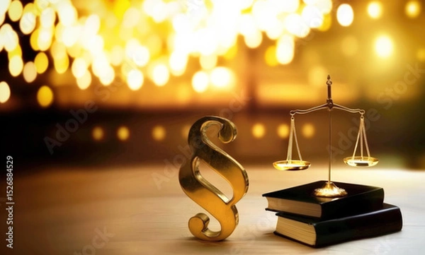 Obraz Golden Legal Symbols with Books and Gavel on Wooden Table