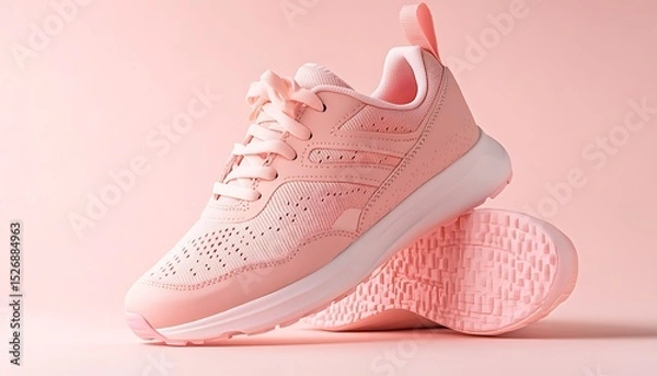 Fototapeta Pair of pink sneakers on pink background with copy space for text