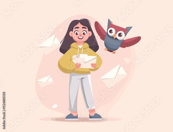 Obraz Letter Delivery with a Friendly Companion: A cheerful girl in casual attire carries a stack of letters, accompanied by a whimsical owl, signifying the delivery of information, and good tidings.