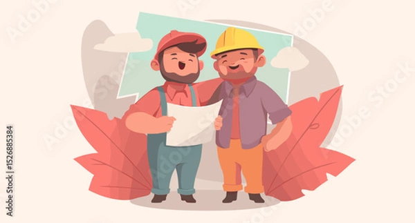 Obraz Collaborative Construction: Depicting two construction workers, they share a plan for a project. The warm colors and illustration style capture the camaraderie.