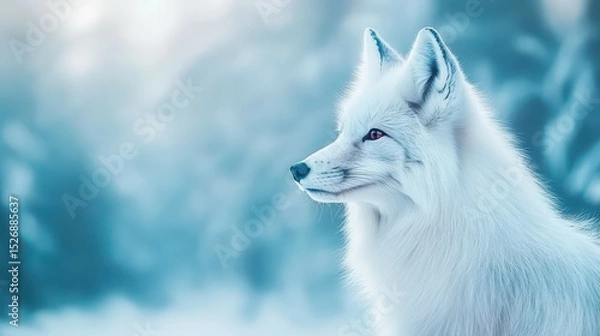 Fototapeta Arctic Fox in Winter Wonderland: A stunning arctic fox with pristine white fur stands majestically in a serene winter landscape.