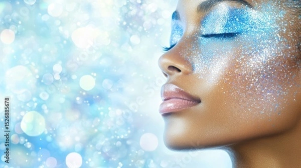 Fototapeta Serene Beauty: A captivating portrait of a woman with shimmering, blue eyeshadow, embodying tranquility, relaxation and elegance. Her closed eyes suggest a moment of peaceful reflection amidst a soft.