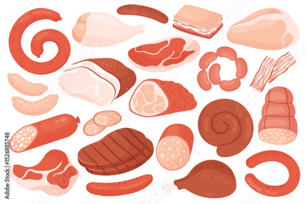 Obraz Meat food ingredients, shop menu set vector illustration. Cartoon gastronomy meat product for cooking collection, raw beef, red pork pancetta, fresh chicken legs fillet and steak isolated on white