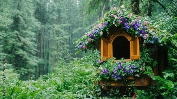 Fototapeta Enchanted Woodland Birdhouse: Nestled amidst a verdant forest, a charming birdhouse is adorned with blooming flowers, creating an inviting and whimsical scene.