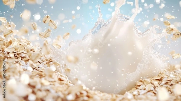 Fototapeta Oat Milk Splash: A dynamic studio shot of oat milk, capturing the explosion of a milk, oat flakes scatter in mid-air against a vibrant backdrop. Evoking freshness, purity and natural goodness.