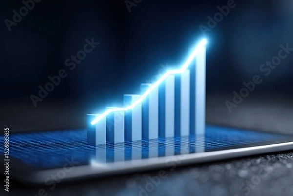 Fototapeta Bar graph shows upward trend on tablet screen. Business growth, financial success, positive statistics, digital analytics, performance