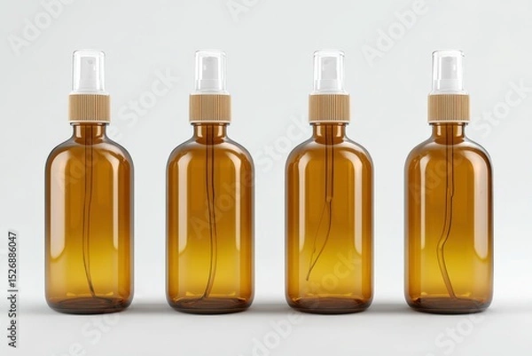 Fototapeta Four amber glass bottles stand in a row. Product mockup, cosmetic packaging, spray bottles, minimalist style, spa product