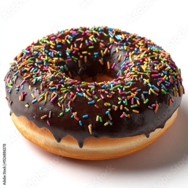 Fototapeta Donut covered with chocolate frosting and sprinkles. Sweet treat, dessert, confection, baked good, food