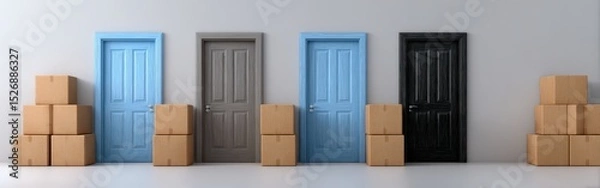 Fototapeta Four doors in different colors stand behind stacked boxes. Decisions, choices, moving, relocation, alternatives, opportunities.