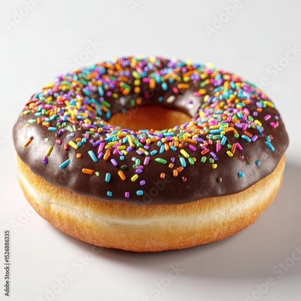 Fototapeta Donut topped with chocolate frosting and sprinkles sits on surface. Sweet treat, bakery item, dessert temptation, confectionery delight