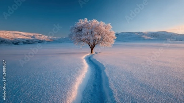 Fototapeta Lonely snow-covered tree stands in vast winter landscape. Snowy path, cold season, winter wonderland, scenic landscape.