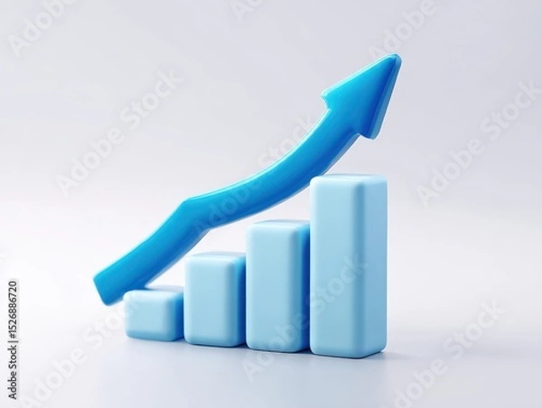 Fototapeta Bar chart shows upward trend with a blue arrow. Business growth, financial increase, data analysis, chart success.