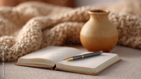 Fototapeta Open notebook and pen are on a neutral surface. Still life, cozy, writer, journal, author, relaxation, writing, lifestyle