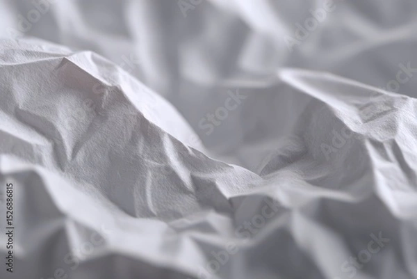 Fototapeta Crumpled white paper texture fills the frame, abstract and subtle. Close-up shot, soft lighting, minimalist background.
