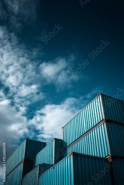 Fototapeta Multiple blue shipping containers stacked high with dramatic clouds and sky backdrop, symbolizing global trade and transportation.