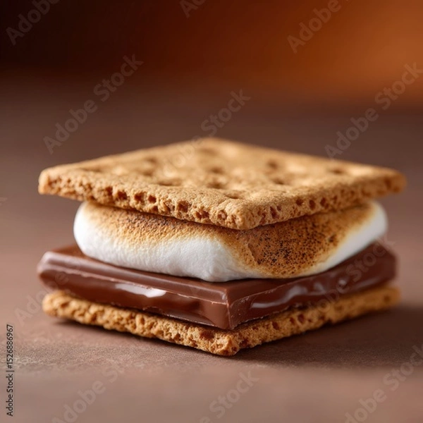 Fototapeta Close up of a s'more treat with toasted marshmallow and chocolate. Dessert snack, camping food, sweet treat, graham cracker, campfire dessert.