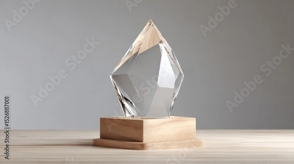 Fototapeta Close-up of crystal award on wooden base against neutral background. Achievement, prize, trophy, success, recognition.
